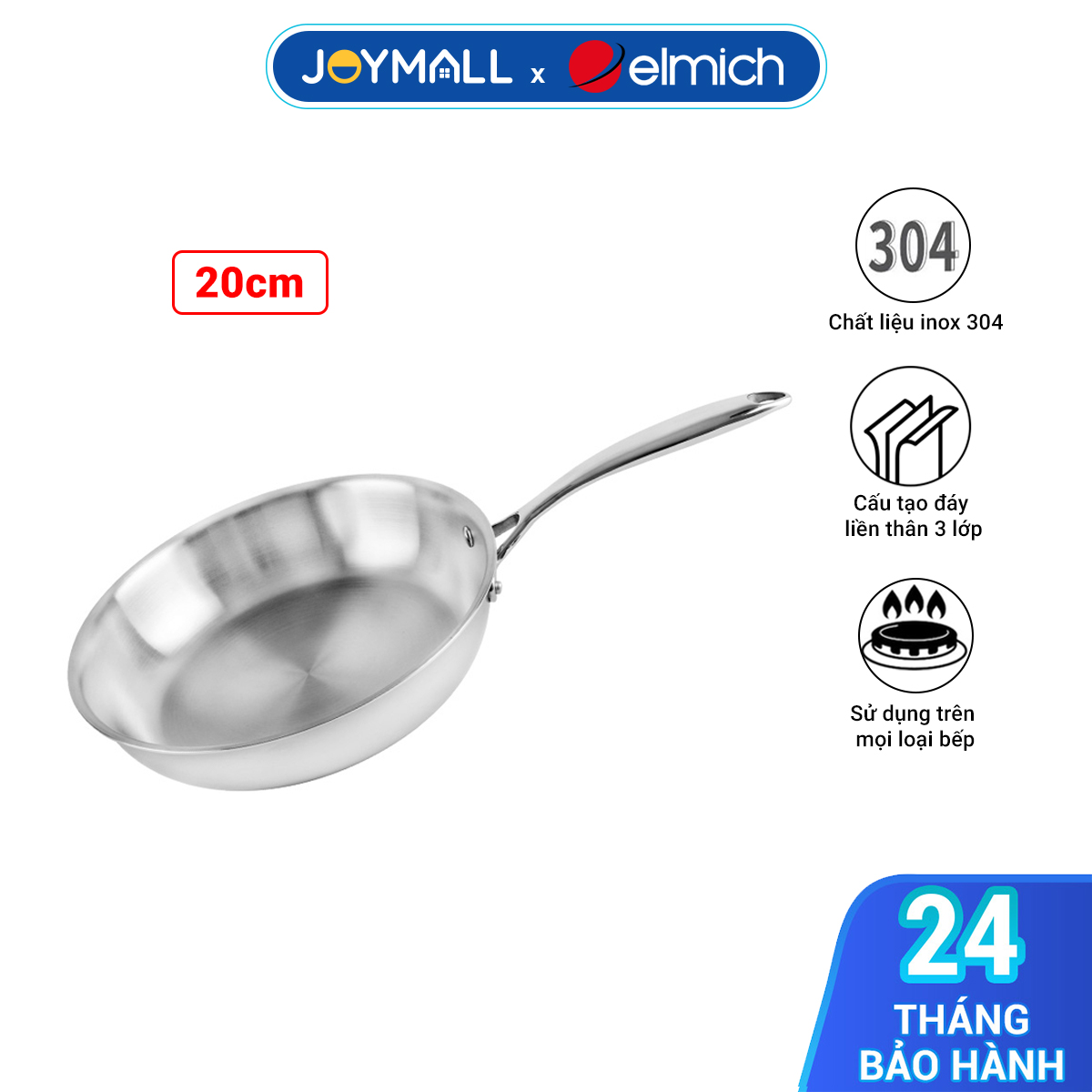 Chảo Nguyên Khối Sâu Lòng Inox 304 Elmich Trimax EL-3846 Nhiều Size,Hàng Chính Hãng, Đáy Từ -JoyMall