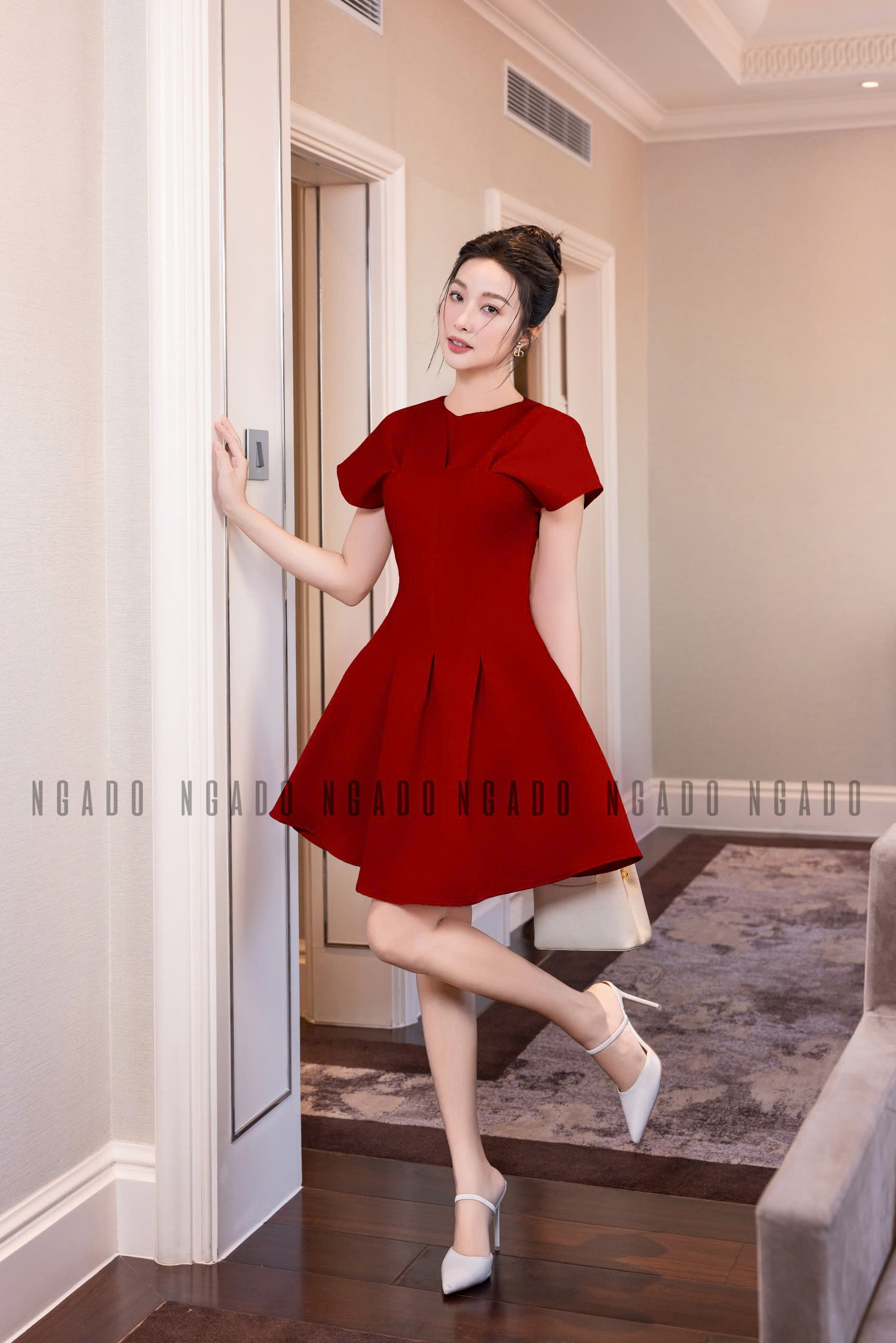 Đầm đỏ tay dơi xếp ly NGADO , đầm peplum , đầm kiểu Nữ , đầm dự tiệc