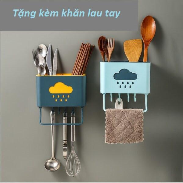 Kệ treo nhà bếp dán tường hình đám mây đựng muỗng đũa+ tặng kèm khăn lau tay