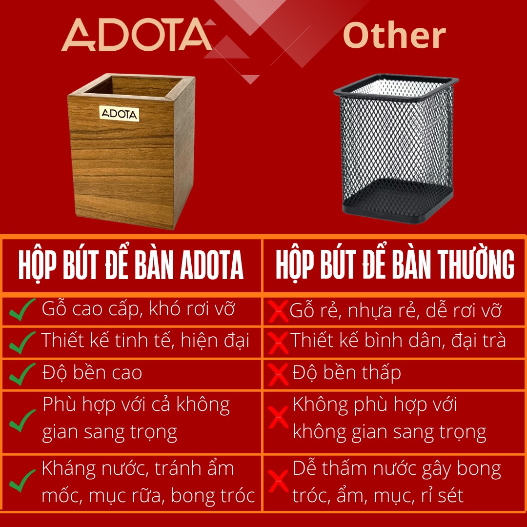 (Bán chạy) Hộp cắm bút để bàn 1 ngăn, hộp đựng bút và văn phòng phâm gỗ MDF siêu bền ADOTA