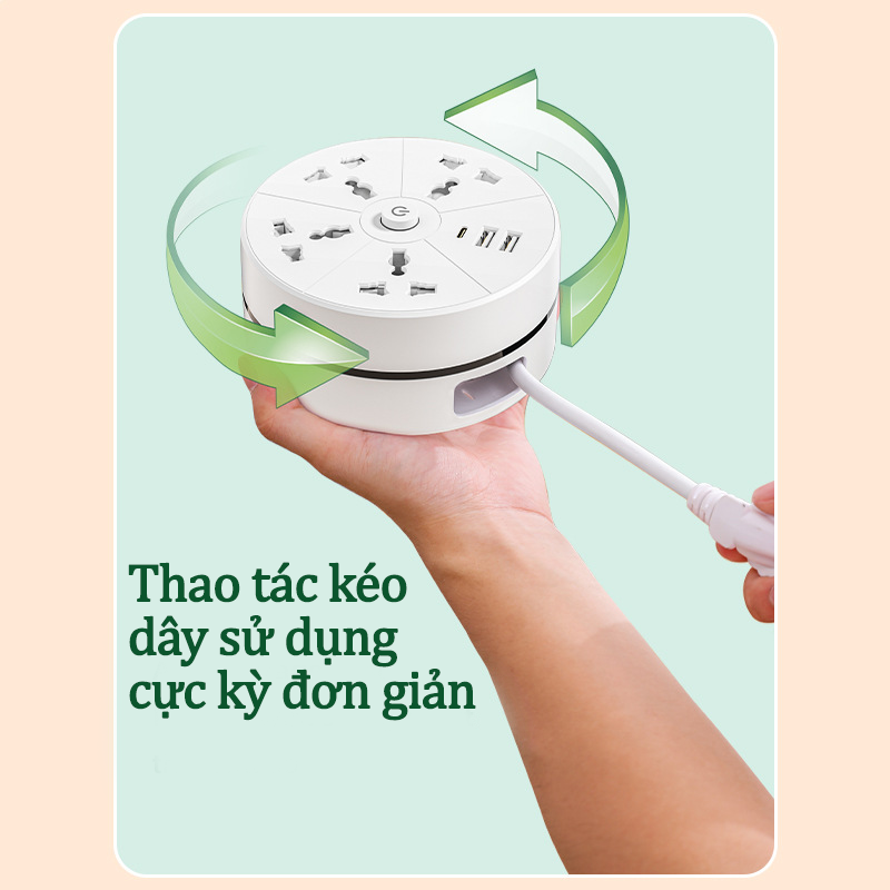  Ổ Cắm Điện Đa Năng Thiết Kế Xoay Tròn Tiết Kiệm Diện Tích Có Công Tắc An Toàn Kiêm Đèn Ngủ Ổ Điện Thông Minh 4 Ổ 3 Chấu 2 Cổng USB 1 Cổng Type C Có Móc Treo Tường Tiện Lợi Dây Dài 2m Chịu Tải 2500W Chống Cháy An Toàn