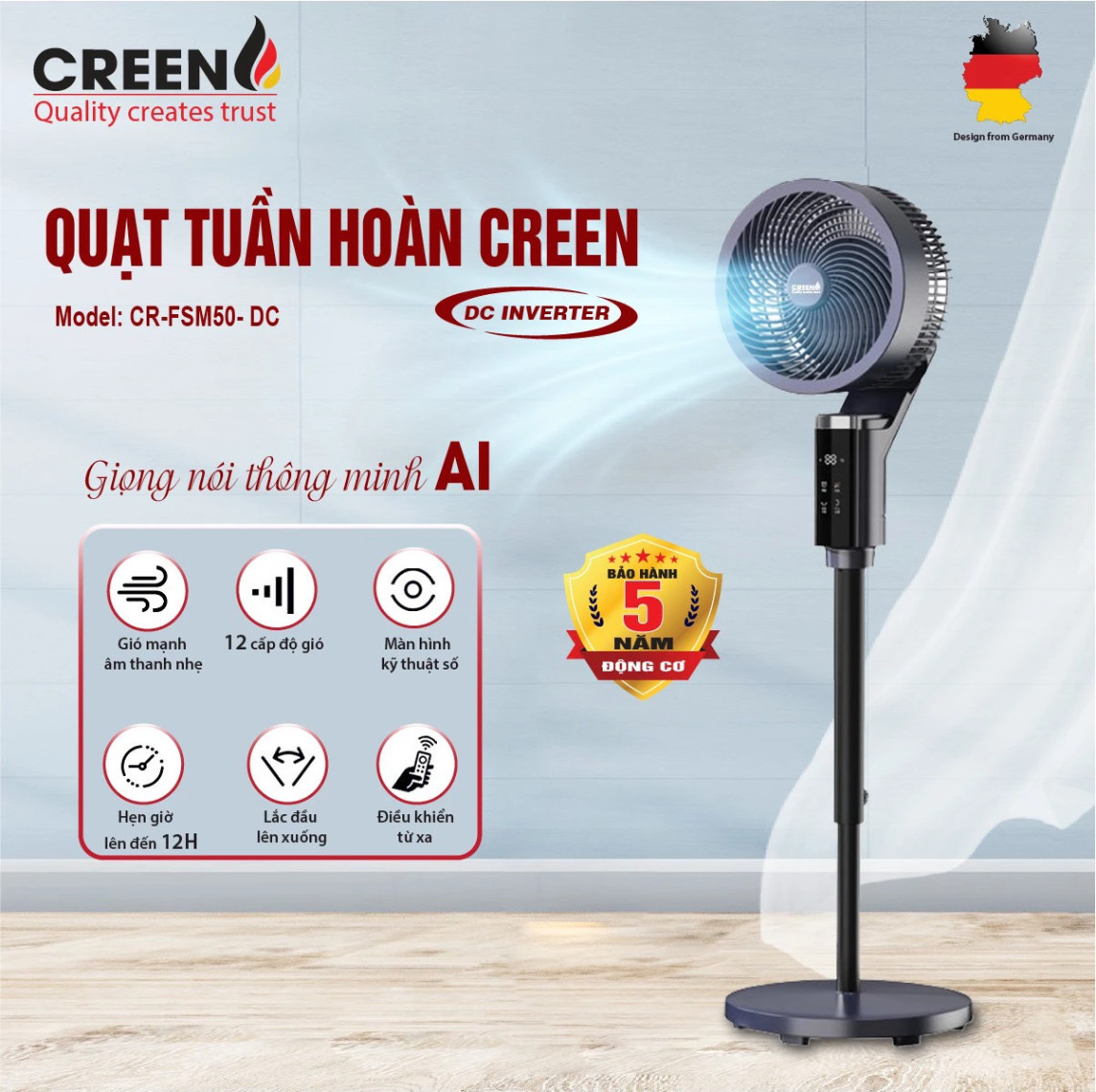 Quạt Tuần Hoàn CREEN CR-FSM50-DC Điều Khiển Giọng Nói,12 Tốc Độ, Động Cơ DC 55W, Hàng Chính Hãng