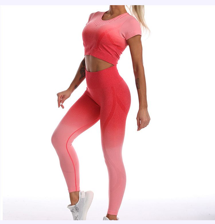 Bộ Quần Áo Thể Thao Nữ Gồm Quần Dài Và áo Ngắn Tay Croptop Vải Dệt Kim Quảng Châu ( Áo đã sẵn mút nâng ngực )
