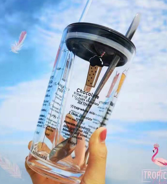 Ly Thủy Tinh Chia Vạch Có in hình Ngộ nghĩnh | Kèm Nắp Nhựa Ngăn Tràn