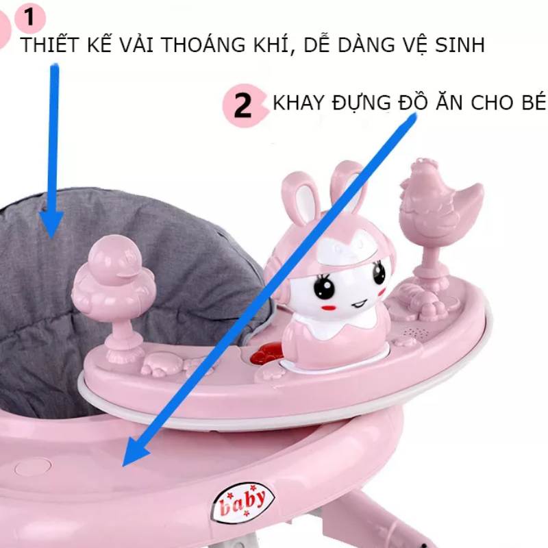 Xe tập đi cho bé - Xe tập đi khung kim loại có bàn ăn dặm, tay đẩy chắc chắn, kèm đồ chơi và nhạc cho bé - XTD616