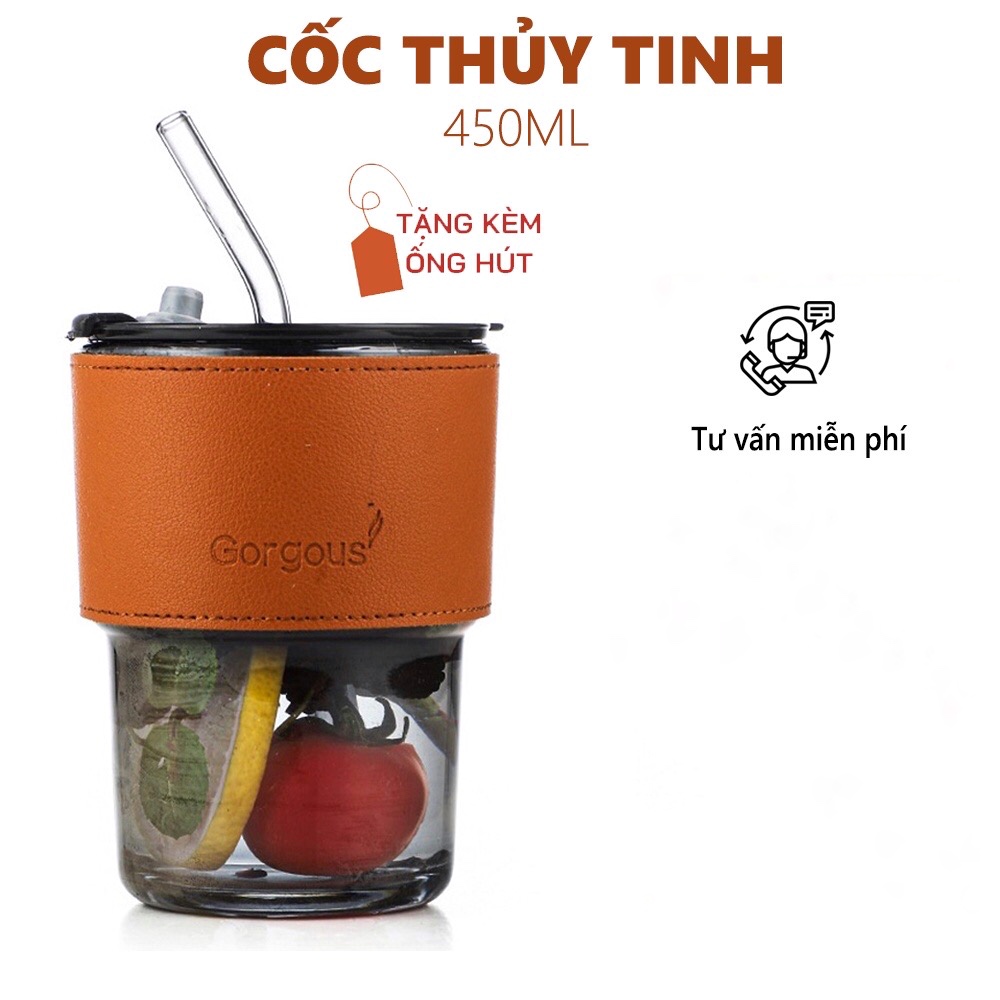 Cốc thuỷ tinh bọc da có ống hút, ly uống nước có nắp, cốc uống nước 450ml dễ thương