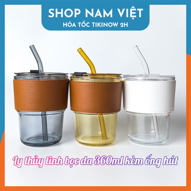 Ly Thủy Tinh 360ml Bọc Da Kèm Ống Hút