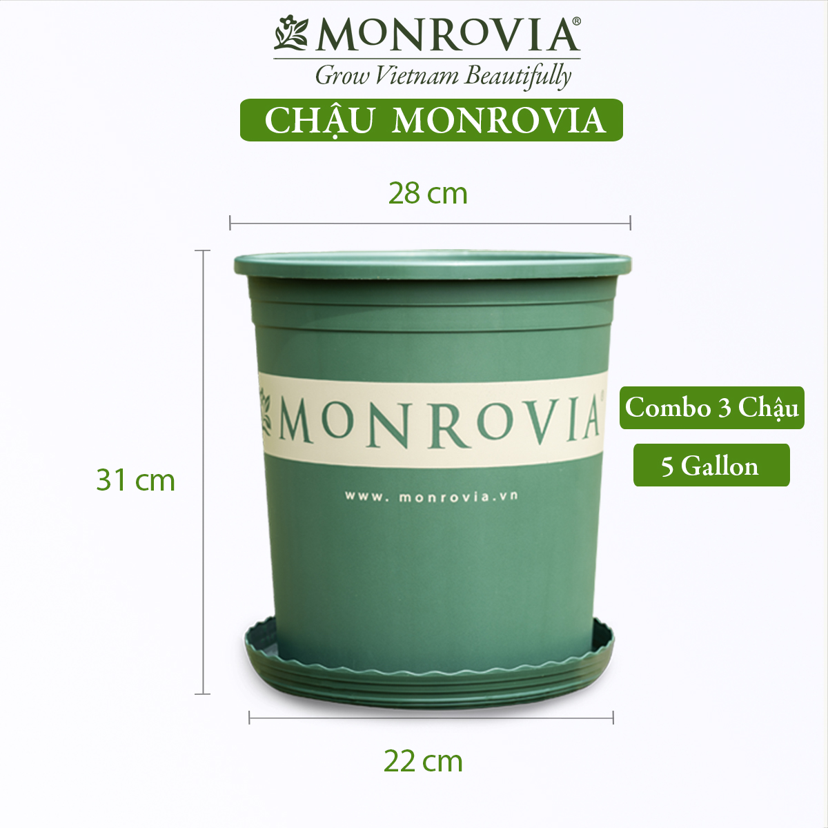 3 Chậu nhựa trồng cây MONROVIA 5 GL, chậu trồng cây, chậu cây cảnh mini, để bàn, treo ban công, treo tường, cao cấp, chính hãng thương hiệu MONROVIA