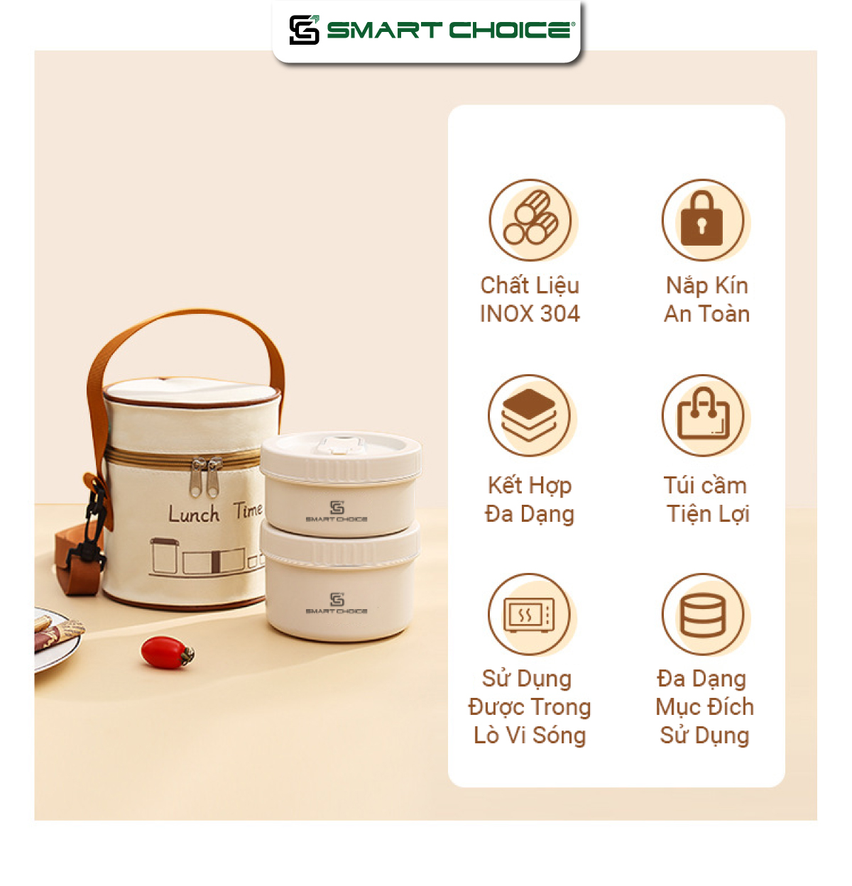 Hộp Đựng Cơm Văn Phòng SMARTCHOICE Phong Cách Tối Giản Kèm Túi Đựng Lunch Time