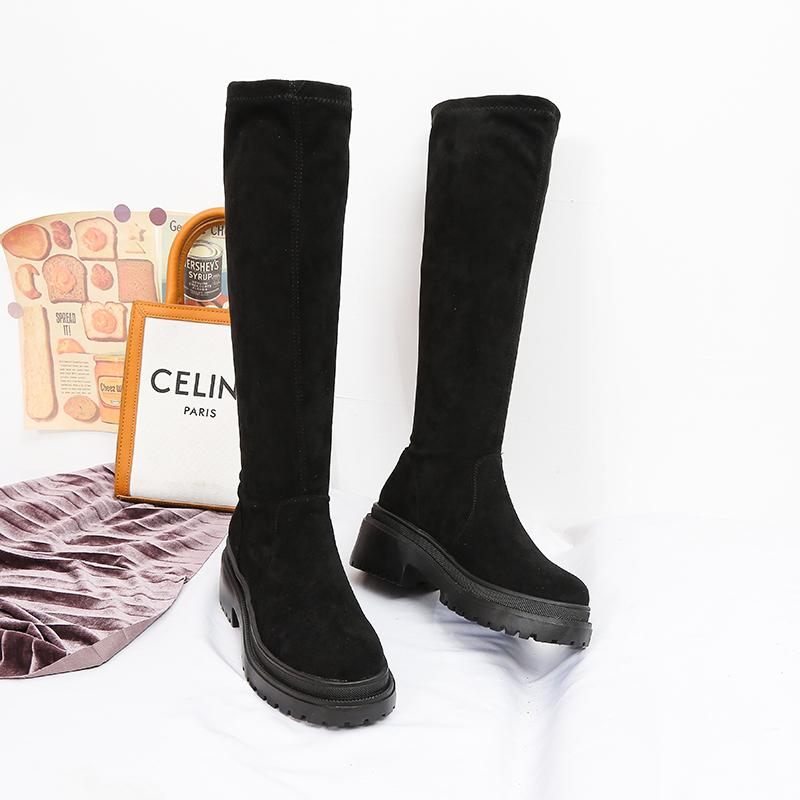 Giày Nữ Mùa Đông 2021 Gợi Cảm Đầu Gối Giày Chặt Stovepipe Hiệp Sĩ Giày Da Lộn Mũi Tròn Chiến Đấu Xu Hướng Nhung Ấm Nữ giày Tăng