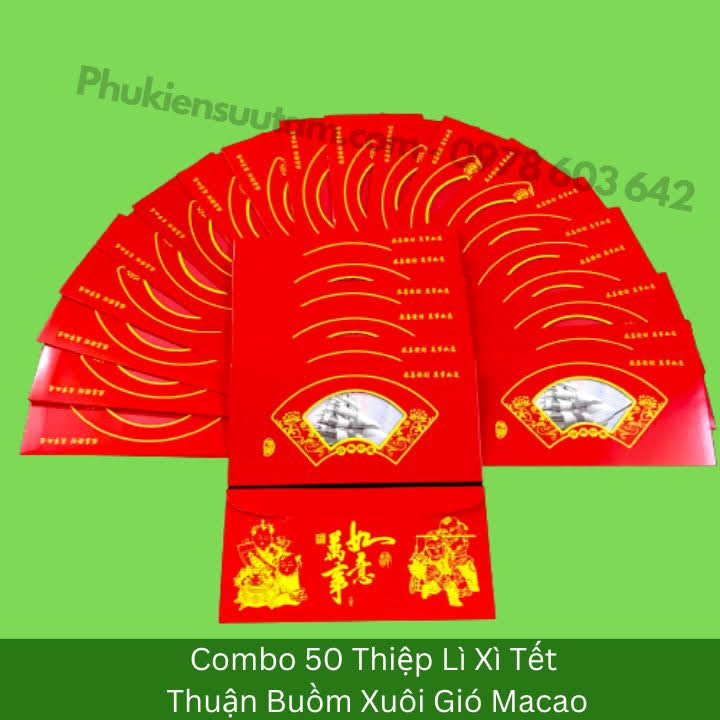 Combo 50 Thiệp Lì Xì Tết Thuận Buồm Xuôi Gió Macao, kích thước: 20cmx10cm, màu đỏ - SP005883