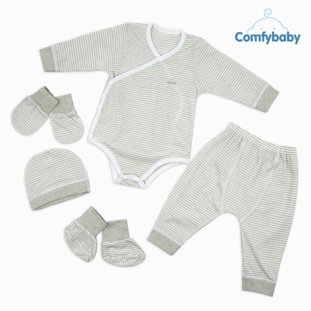 Set Bodysuit giữ ấm sơ sinh 5 món ComfyBaby kẻ sọc màu xanh - 100% Cotton- chính hãng