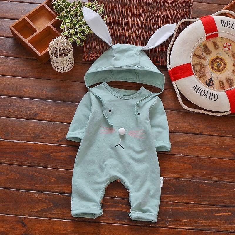 Set Body dài tay thu đông kèm mũ tai thỏ siêu đáng yêu cho bé sơ sinh 0-2 tuổi