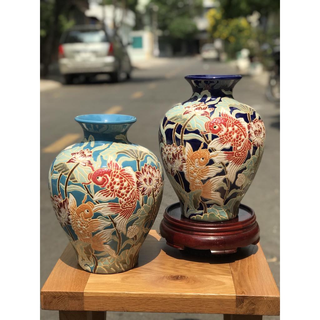 Bình Sen Cá Chép Gốm Sứ Thủ Công Nam Bộ Decor Trang Trí Cắm Hoa 34cm