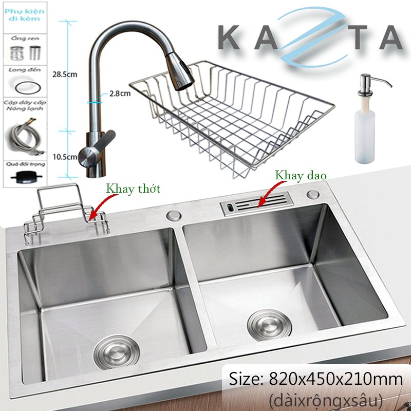 Combo Chậu Rửa Chén Bát Cao Cấp KAZTA KZ-CB8245KR Inox Gồm: Chậu Rửa Chén, Vòi Rửa Chén Nóng Lạnh Đầu Rút Inox Và Phụ Kiện Đi Kèm