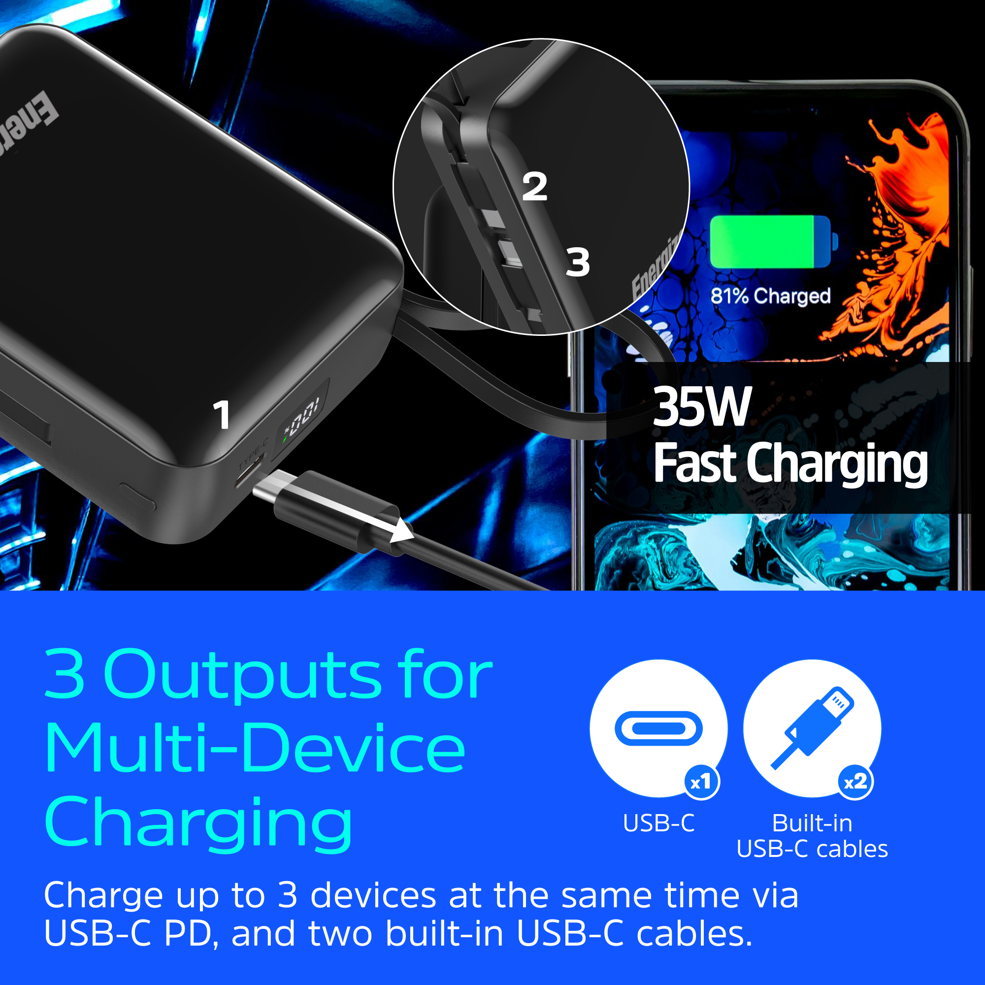 Sạc dự phòng Energizer 20,000mAh sạc nhanh 35W, sạc cùng lúc 3 thiết bị, tích hợp 2 dây type C - Hàng chính hãng