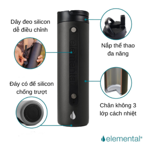 Bình giữ nhiệt Elemental Iconic sport màu đen 590ml, giữ nhiệt vượt trội, inox 304, FDA Hoa Kì, An toàn sức khỏe