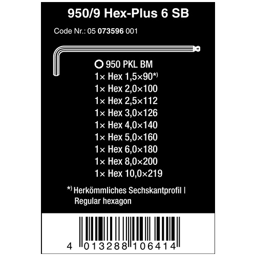 Bộ lục giác đầu bi dài 950/9 Hex-Plus 6 SB gồm 9 cái Wera 05073596001