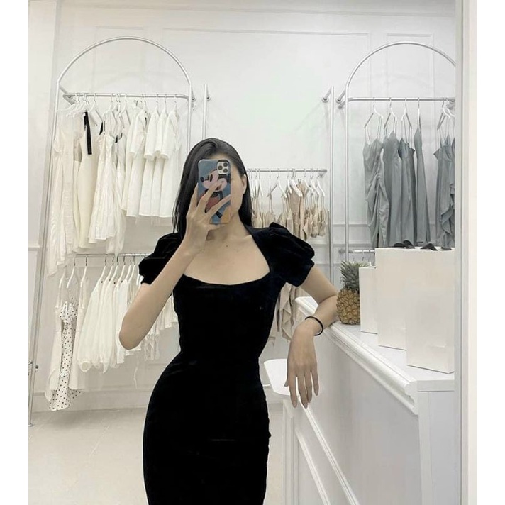 Đầm ôm body đen bo tay xếp li nhẹ phần hông