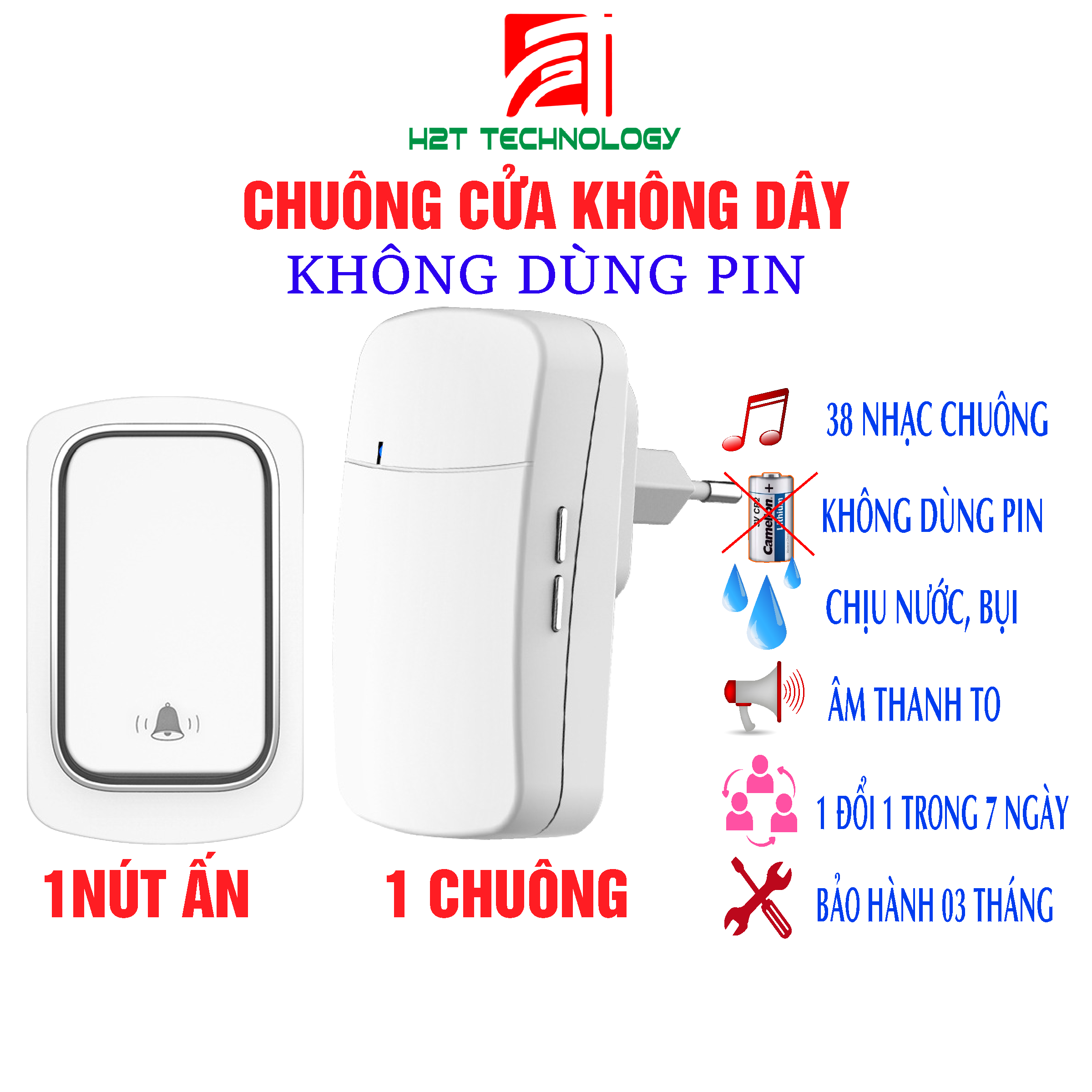 Chuông cửa không dây không dùng Pin, lắp ngoài trời, chịu nước, 38 nhạc chuông, âm thanh to, kiểu dáng rất đẹp, lắp đặt rất giản