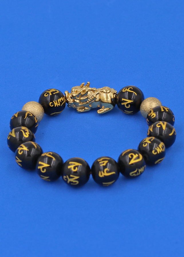 Vòng tay đá Thạch Anh Đen khắc Phật Chú 12 ly - cẩn Tỳ Hưu Phong Thủy inox vàng VTAEPVTHHBV12 - hợp mệnh Thủy, mệnh Mộc