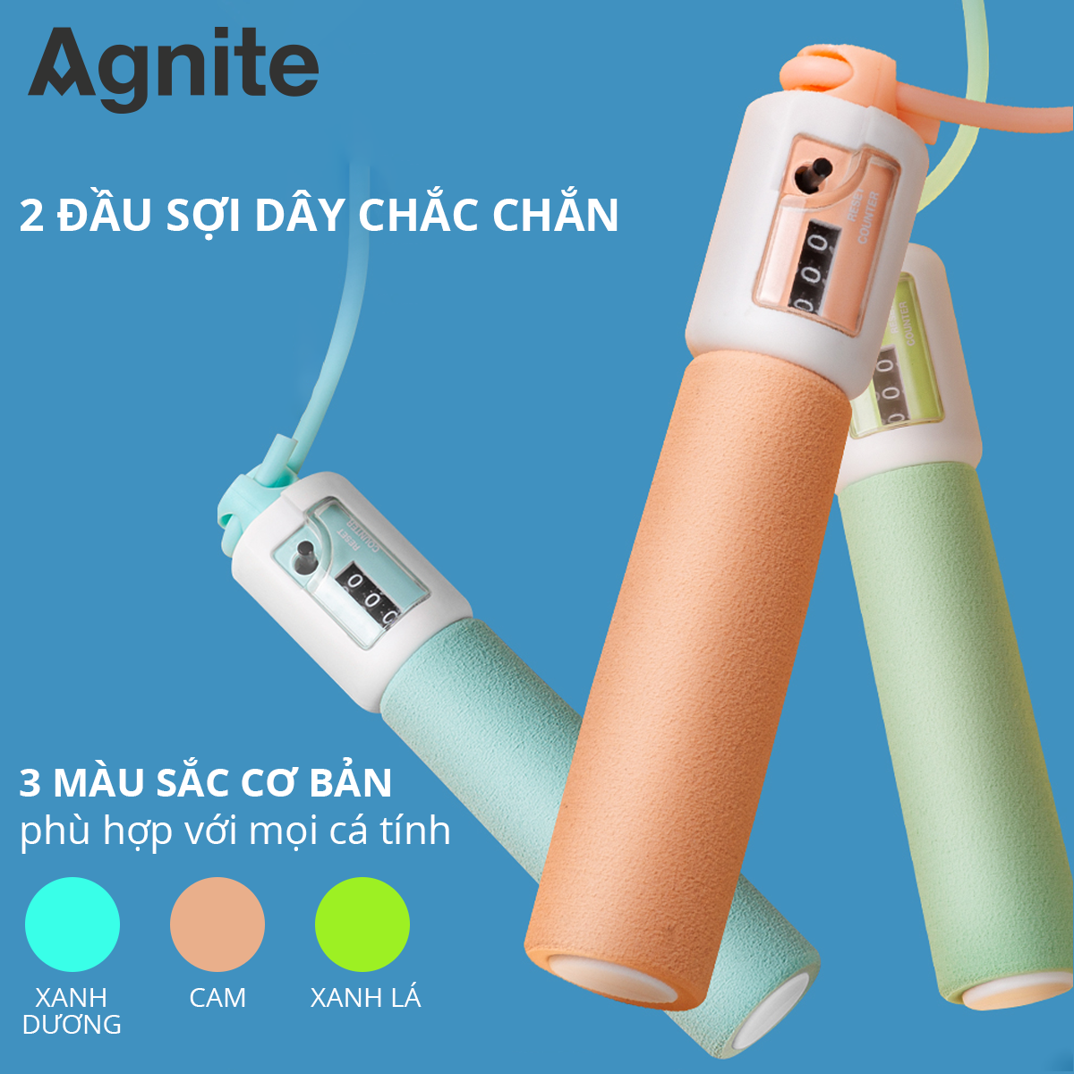 Dây nhảy thể dục lõi thép, dây PVC đếm số tự động Agnite - dây nhảy tại nhà hỗ trợ giảm cân, tập luyện tại nhà, boxing, muaythai