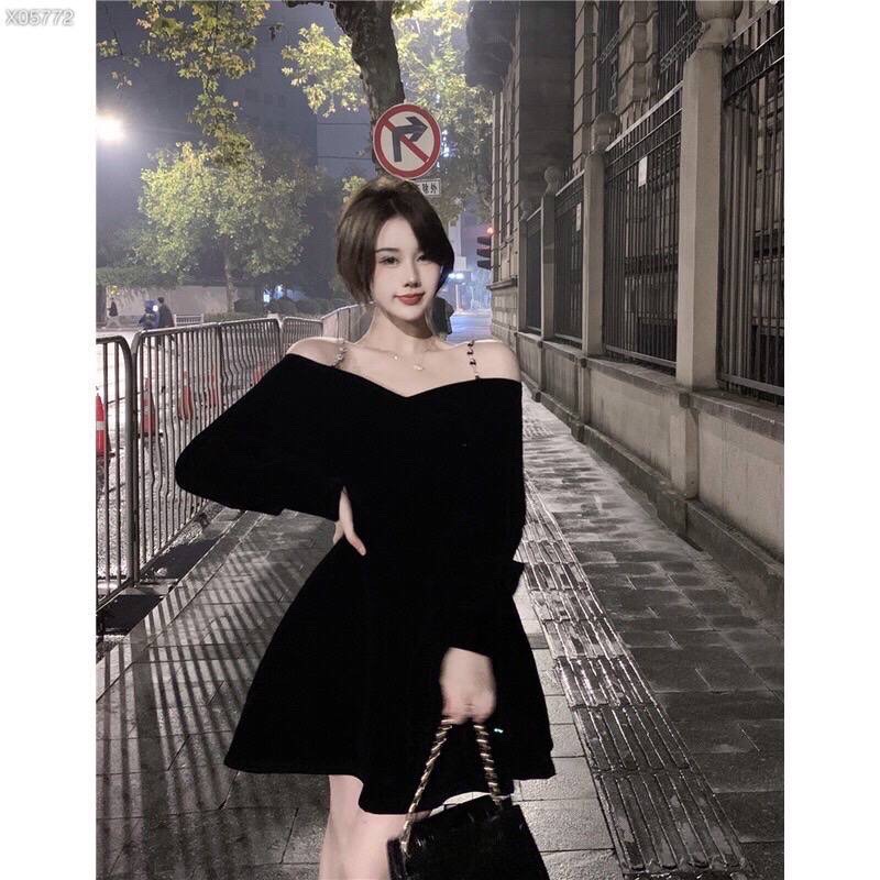ĐẦM NHUNG SUÔNG TRƠN DÂY TRỄ VAI DỰ TIỆC GIÁNG SINH NOEL ĐEN