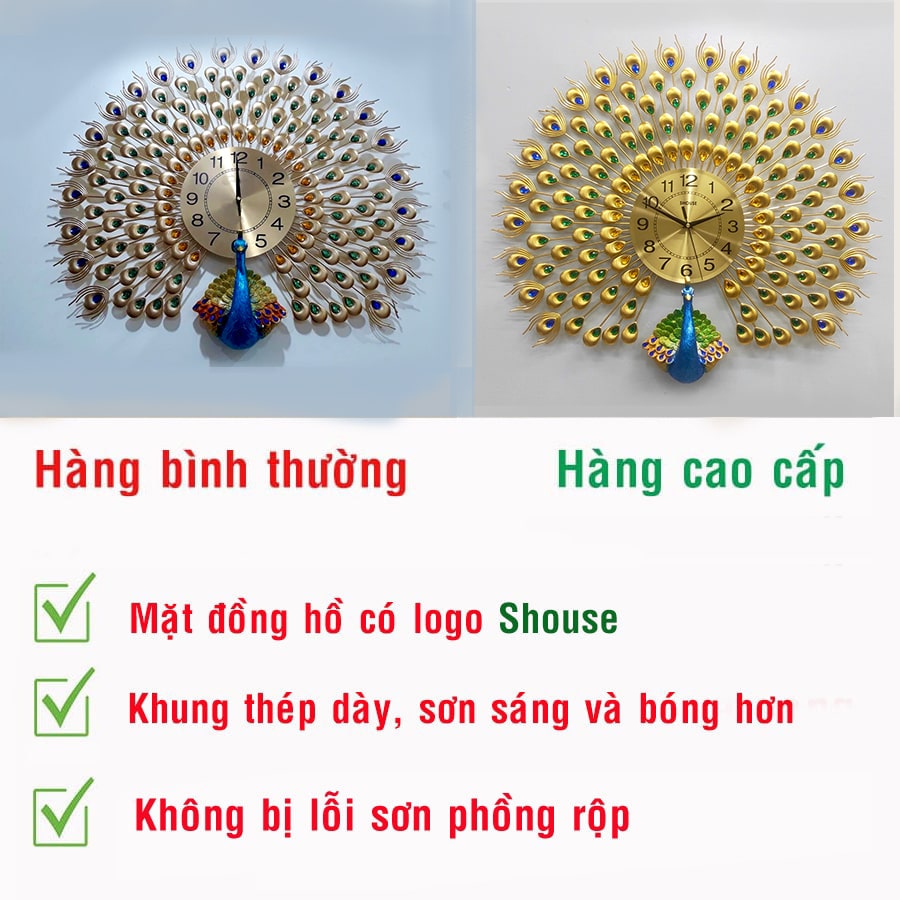 Đồng Hồ Treo Tường Con Chim Công Kim Trôi A25 Nghệ Thuật Cao Cấp Shouse hiện đại 3D kích cỡ lớn đẹp treo phòng khách