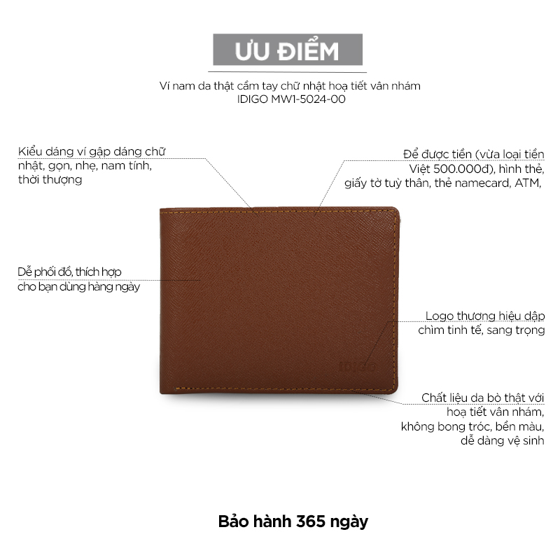 Ví nam da thật cầm tay chữ nhật hoạ tiết vân nhám IDIGO MW1 5024-00