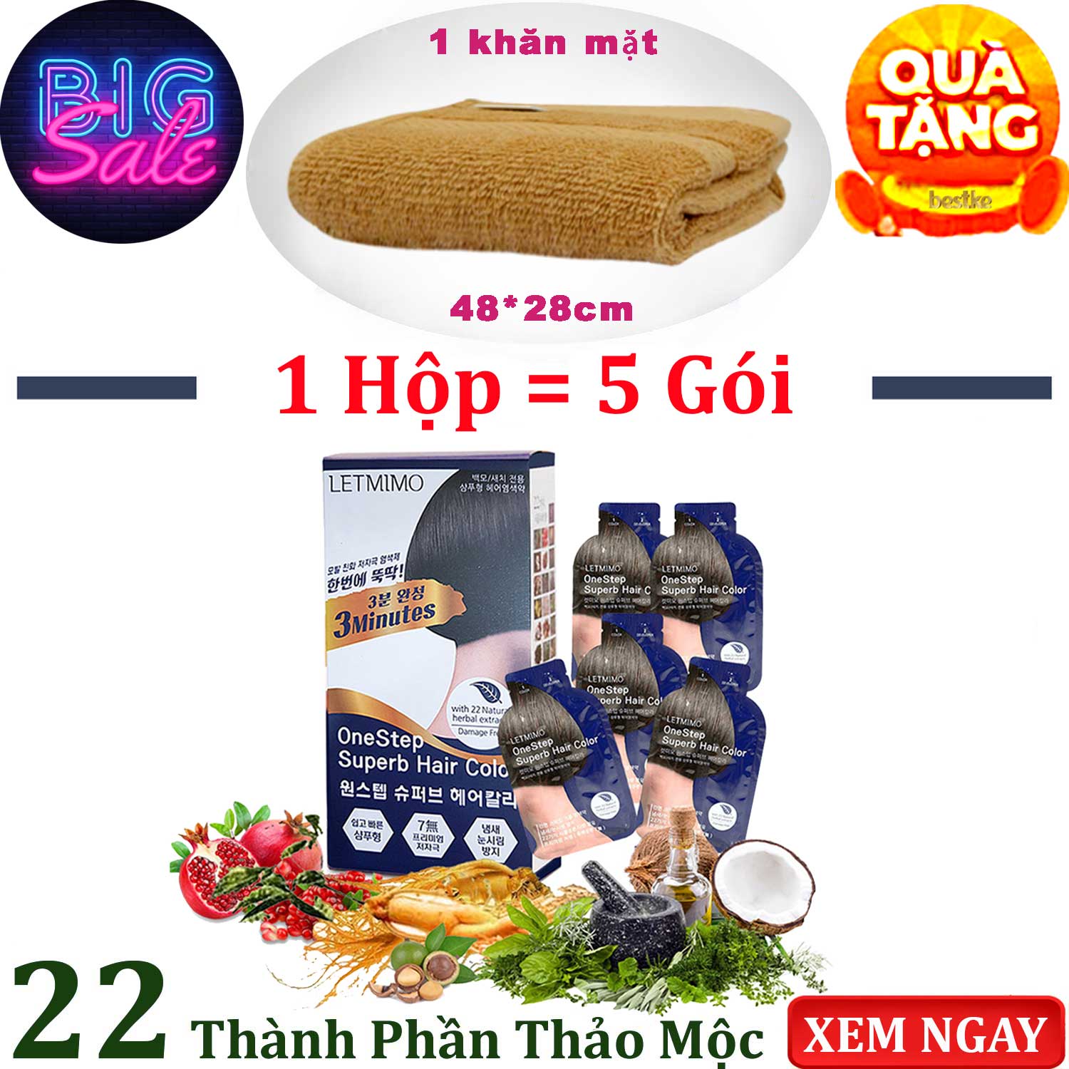 Thuốc Nhuộm Tóc Phủ Bạc LETMIMO Nâu đen_2N Hộp x 5 gói + Quà tặng 1 khăn mặt bestke cotton 48*28cm