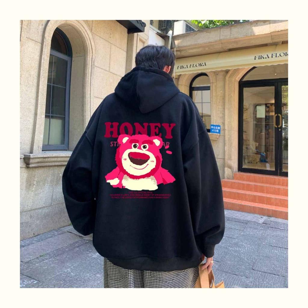 ÁO KHOÁC NỈ BÔNG NỮ ÉP HÌNH GẤU DÂU HỒNG HONEY ĐƠN GIẢN TRẺ TRUNG -ÁO HOODIE TRÒNG ĐẦU ĐÁNG YÊU XINH XẮN GẤU HONEY