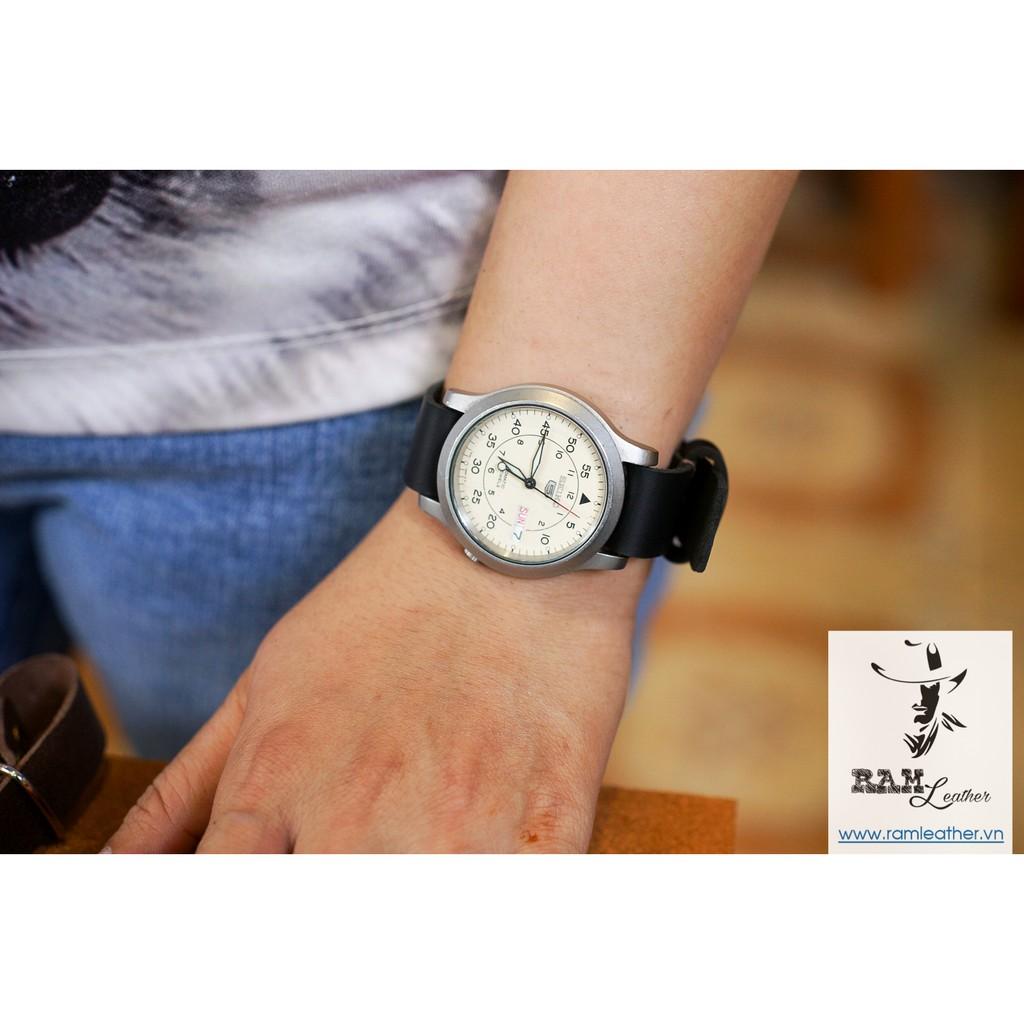 Dây đồng hồ Nato đơn đen tuyền da bò thật thanh lịch – Đủ size từ 18, 20, 22mm, Casio AE1200 ,Apple watch