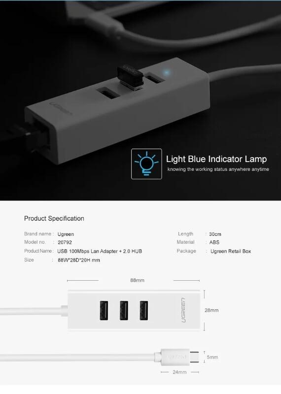 Ugreen UG2079220792TK Màu Trắng Cáp chuyển đổi TYPE C sang 3 USB 2.0 + LAN - HÀNG CHÍNH HÃNG