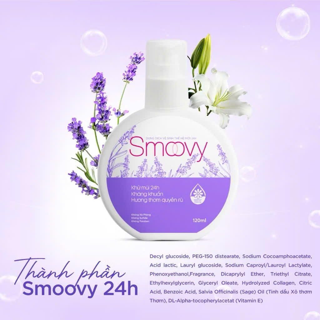 Dung dịch vệ sinh phụ nữ thế hệ mới Smoovy 24H - Khử mùi kháng khuẩn, hương thơm quyến rũ suốt 24H - 120ML