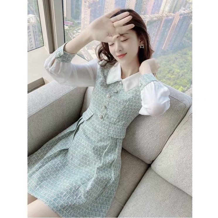Đầm Váy Xanh Công Sở Nữ Thiết Kế Hàn Quốc Mới Tiểu Thư Sang Trọng Kín Đáo Ring House