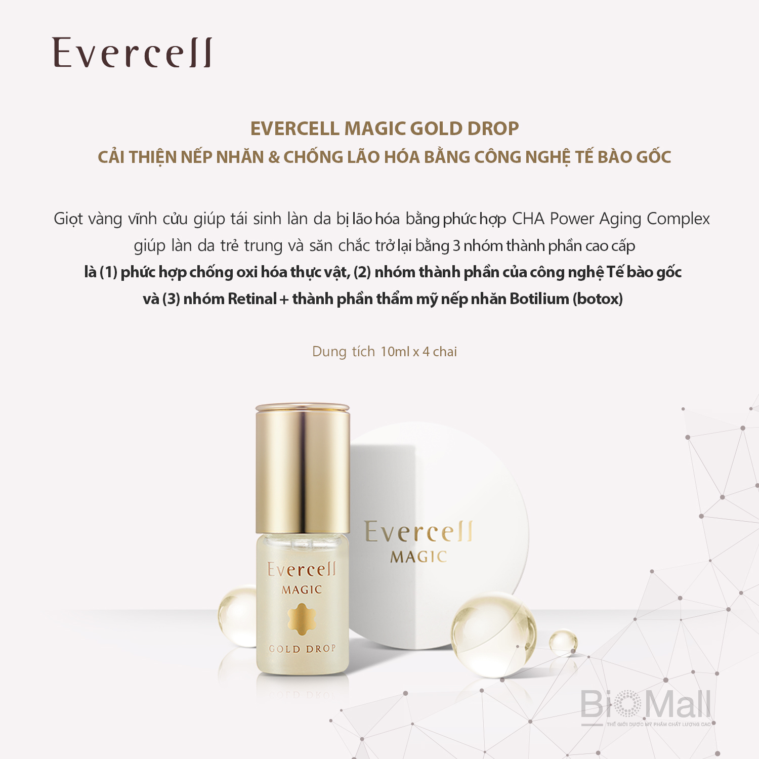 Ampoule Vàng và năng lượng Tế bào gốc Chống lão hóa thần kỳ Tế bào gốc EVERCELL Magic Gold Drop 4chaix10ml