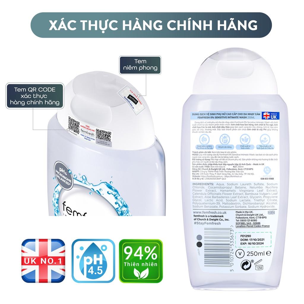 Dung dịch vệ sinh phụ nữ cao cấp cho da nhạy cảm Femfresh 0% Sensitive Intimate Wash 250ml