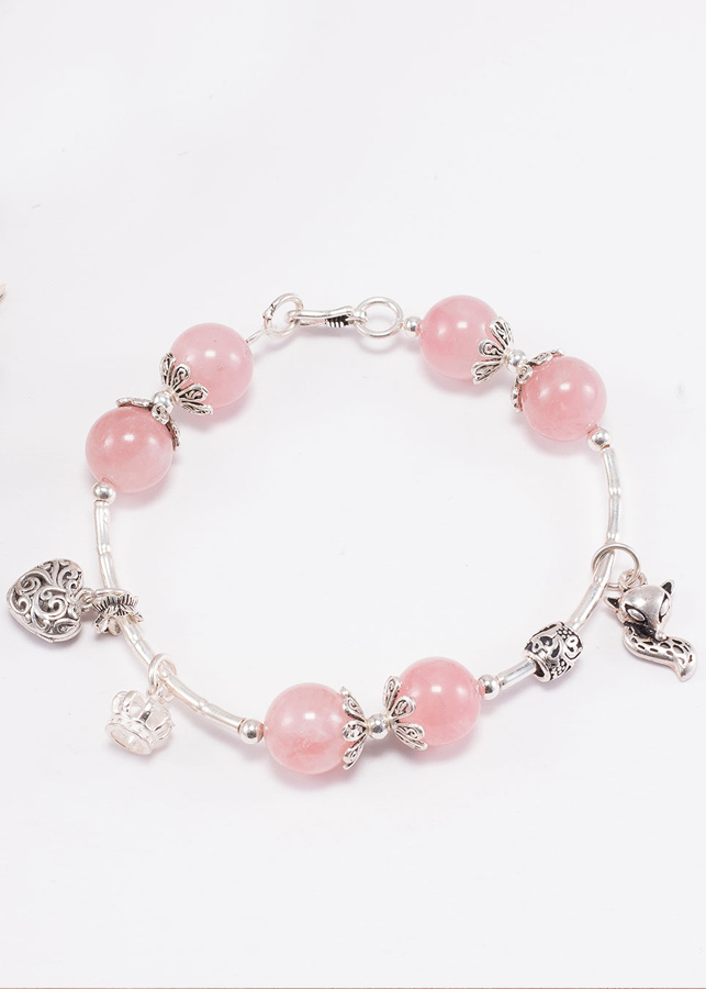 Vòng tay thạch anh hồng phối charm hồ ly bạc Ngọc Quý Gemstones