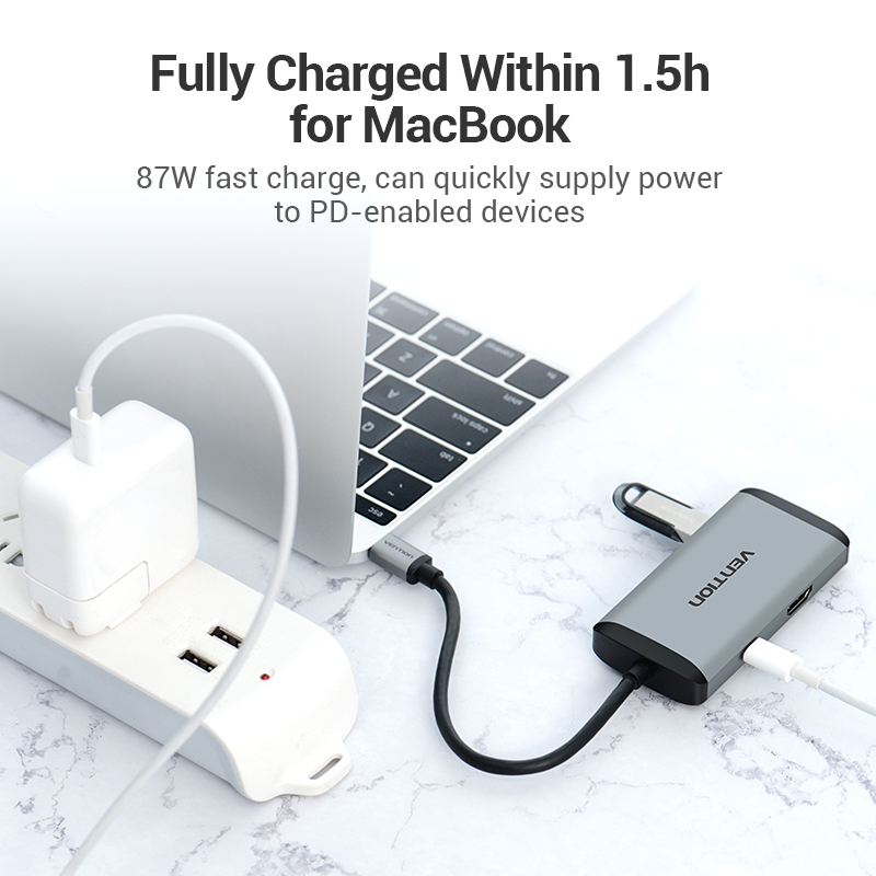 HUB chuyển đổi USB type-C 6 in 1 Vention sang HDMI, USB 3.0*3, Lan, PD(87) dài 15cm - Hàng chính hãng