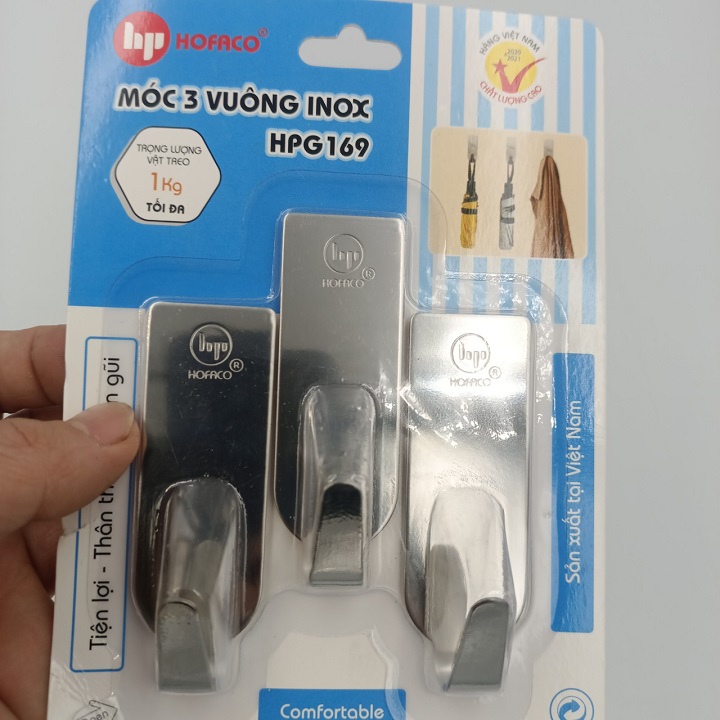 Bộ 3 móc dán tường vuông inox xịn siêu chắc