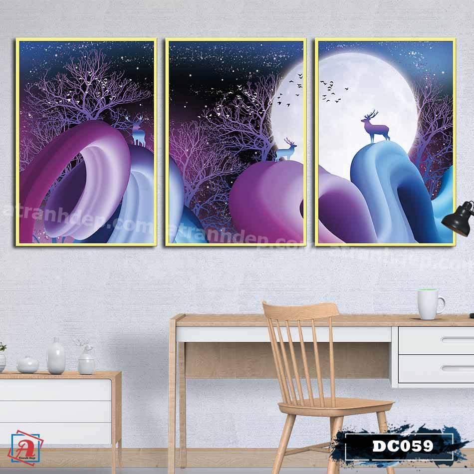 Bộ 3 tranh canvas treo tường Decor họa tiết cách điệu hươu và rừng cây, phong cách hiện đại, ấn tượng – DC059