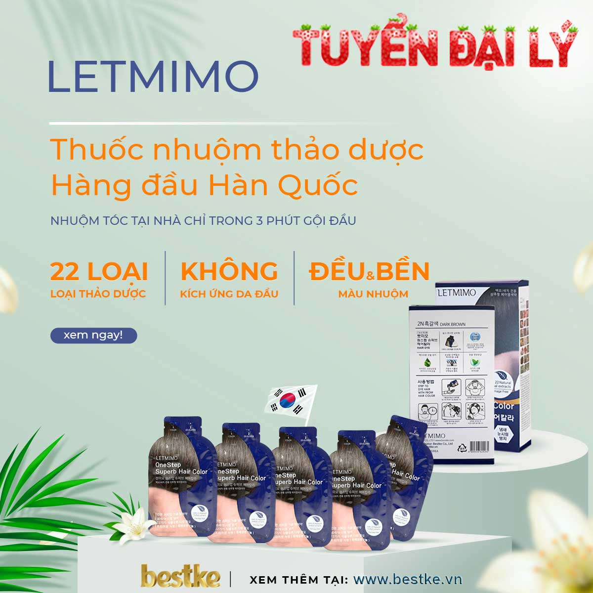 Set 3 gói thuốc nhuộm tóc LETMIMO Nâu Tự Nhiên (3N) 24g/gói