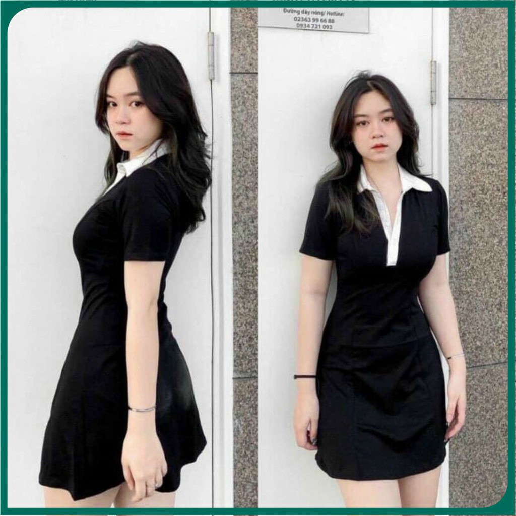 Đầm polo nữ,váy body cộc tay màu đen cổ phối trắng cá tính