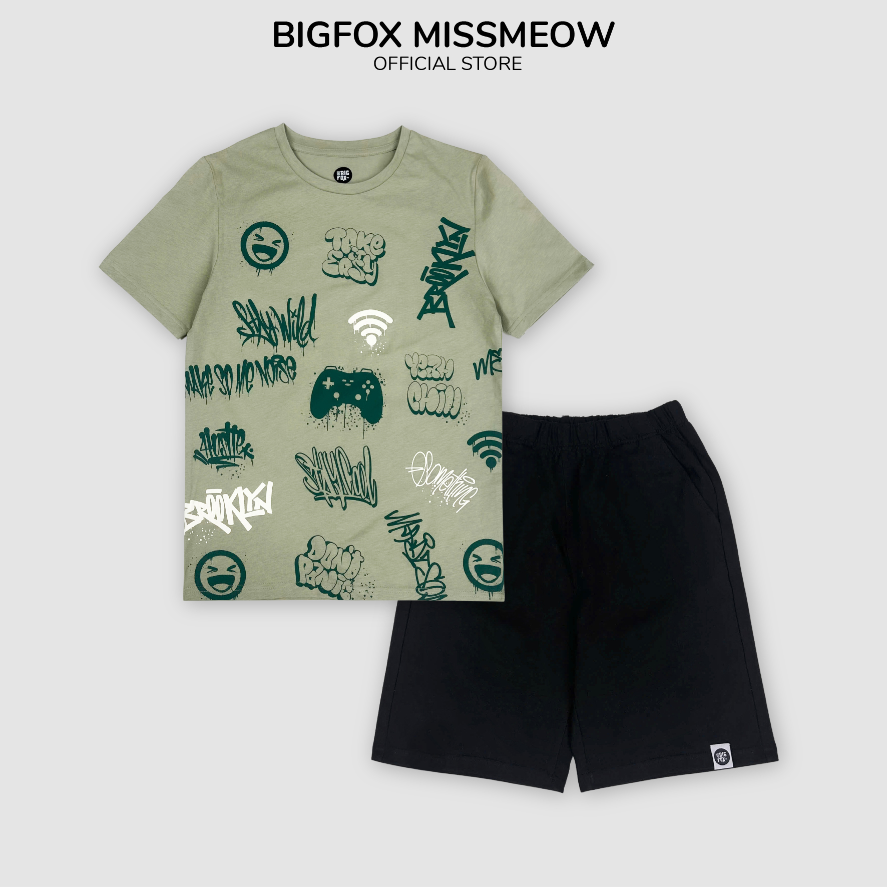 Bộ đồ bé trai cộc tay size đại Bigfox Miss Meow chất cotton mềm in đẹp 12,13,14,15 tuổi 40kg 50kg