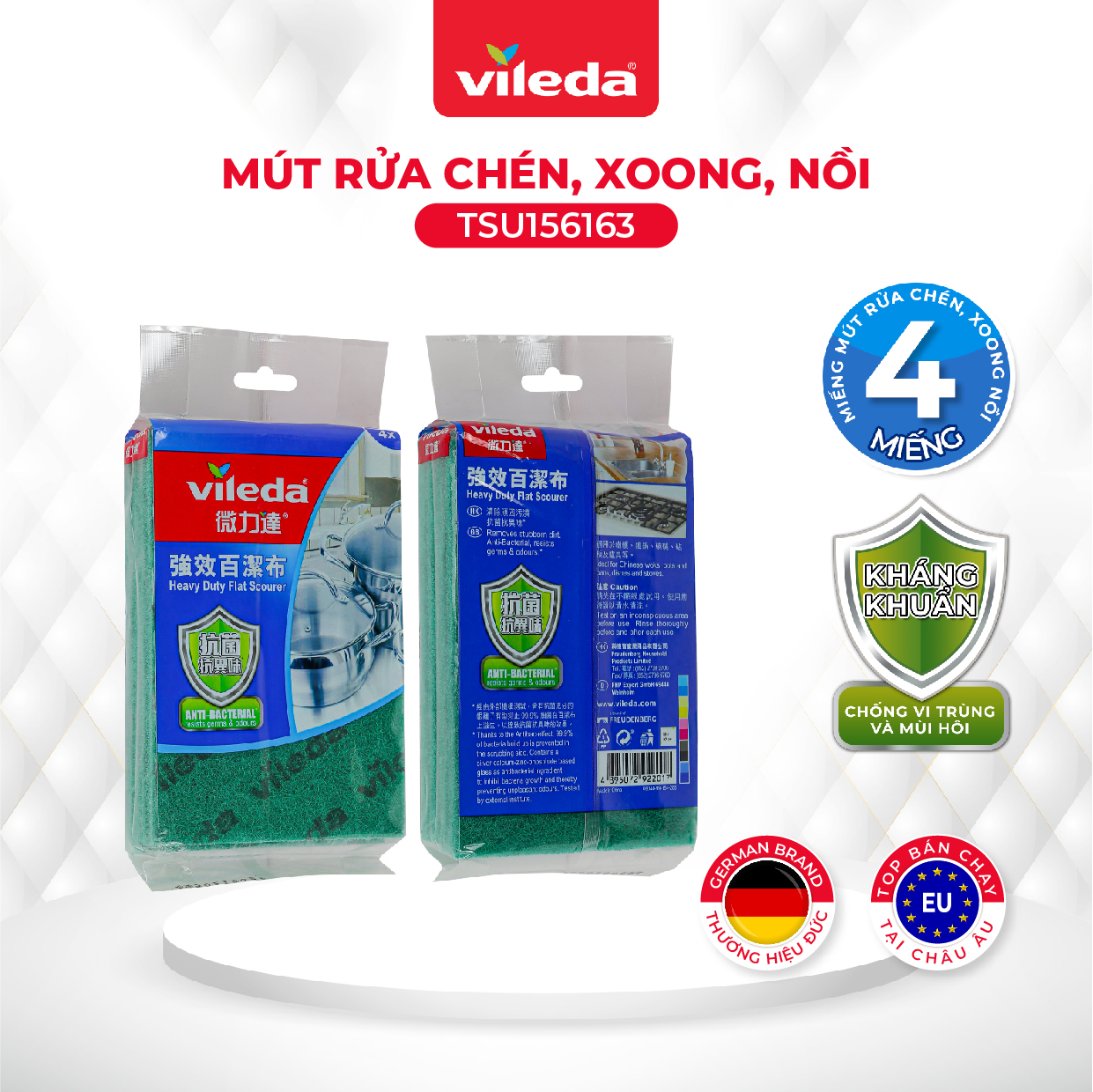 Miếng rửa chén VILEDA gói 4 miếng loại cứng, cọ rửa mọi vết bẩn nhà bếp, chống vi khuẩn gây mùi - TSU156163
