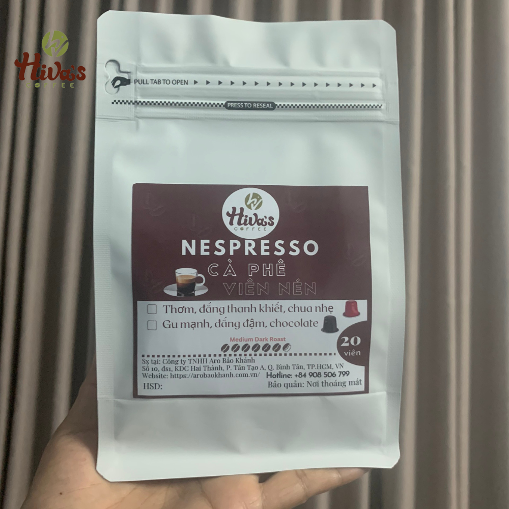 Cà phê viên nén Nespresso chính hãng HIVA'S COFFEE, túi zip 20 viên nhựa - Nguyên chất, Thơm đậm đà vị chocolate, Gu mạnh, sâu, hậu ngọt tự nhiên - Dòng TIẾT KIỆM. Giá TỐT tại xưởng