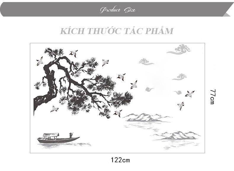 Decal trang trí tết combo cành đào yến hỷ + sơn thủy Á Đông