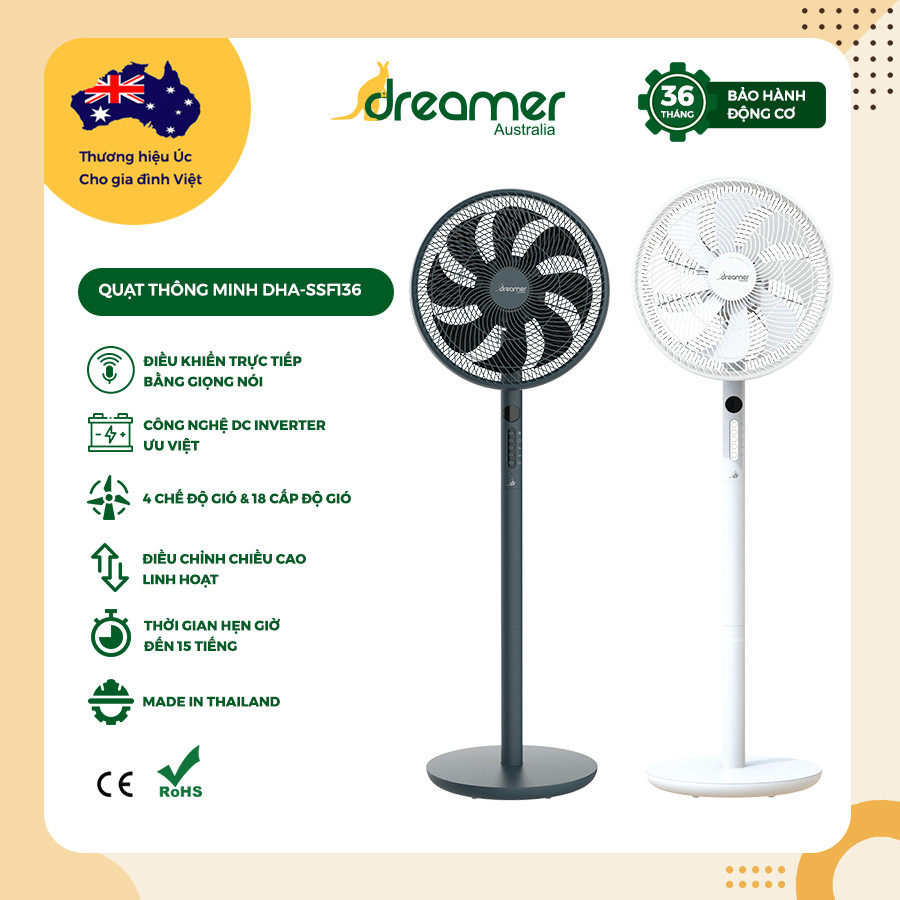 Quạt Thông Minh Dreamer DHA-SSF136G Màu Xám, DC Inverter, Điều Khiển Trực Tiếp Bằng Giọng Nói, BH động cơ 36th, HÀNG CHÍNH HÃNG