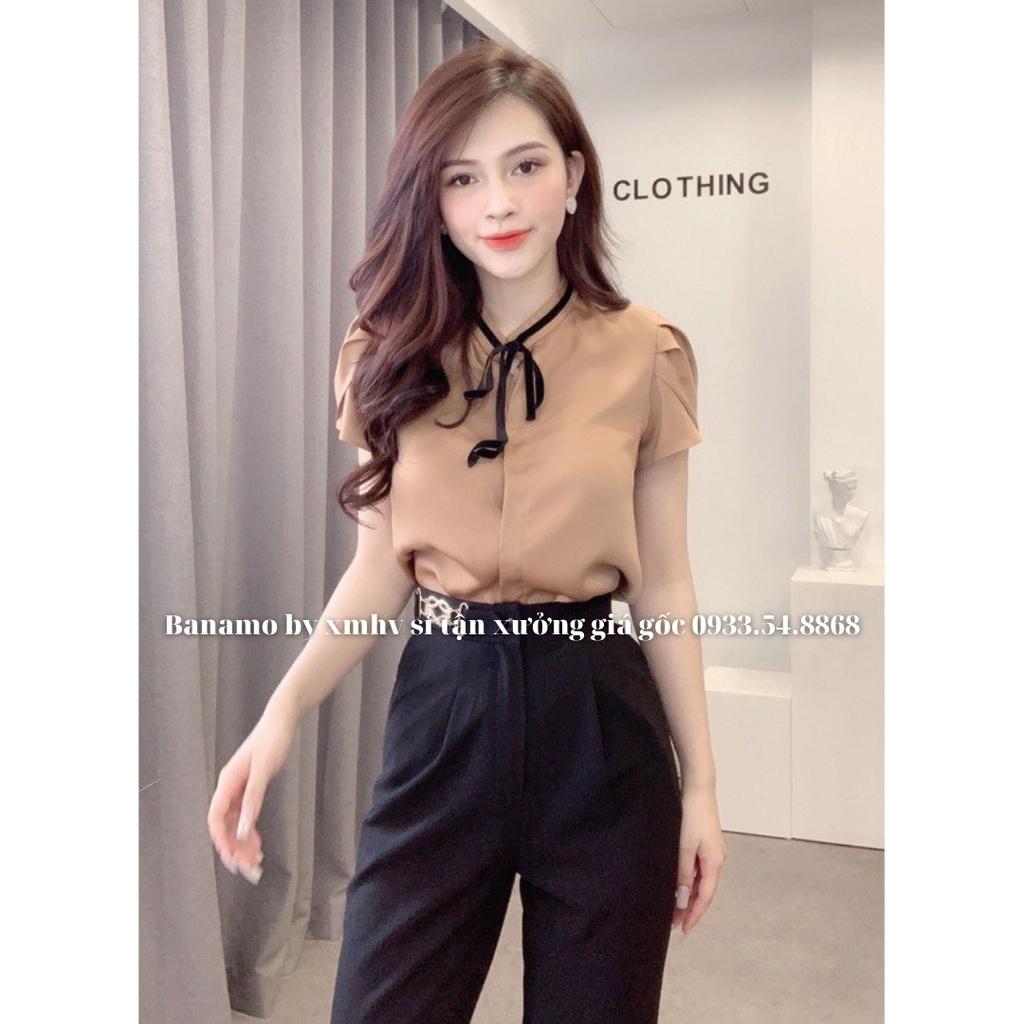 Áo sơ mi cộc tay cổ nơ 3 màu kiểu dáng bánh bèo xinh xắn thời trang Banamo Fashion sơ mi cộc tay cổ nơ 3 màu 3928