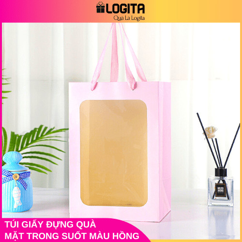 Túi Giấy Đựng Quà Mặt Trước Trong Suốt Màu Hồng Xinh Xắn - Size Nhỏ 18x13x25cm